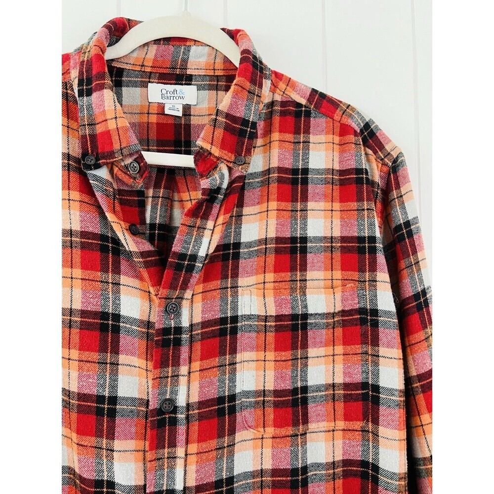 Croft & Barrow Flannel Plaid Orange Red Soft Thick Outdoor Work Shirt Mens XL